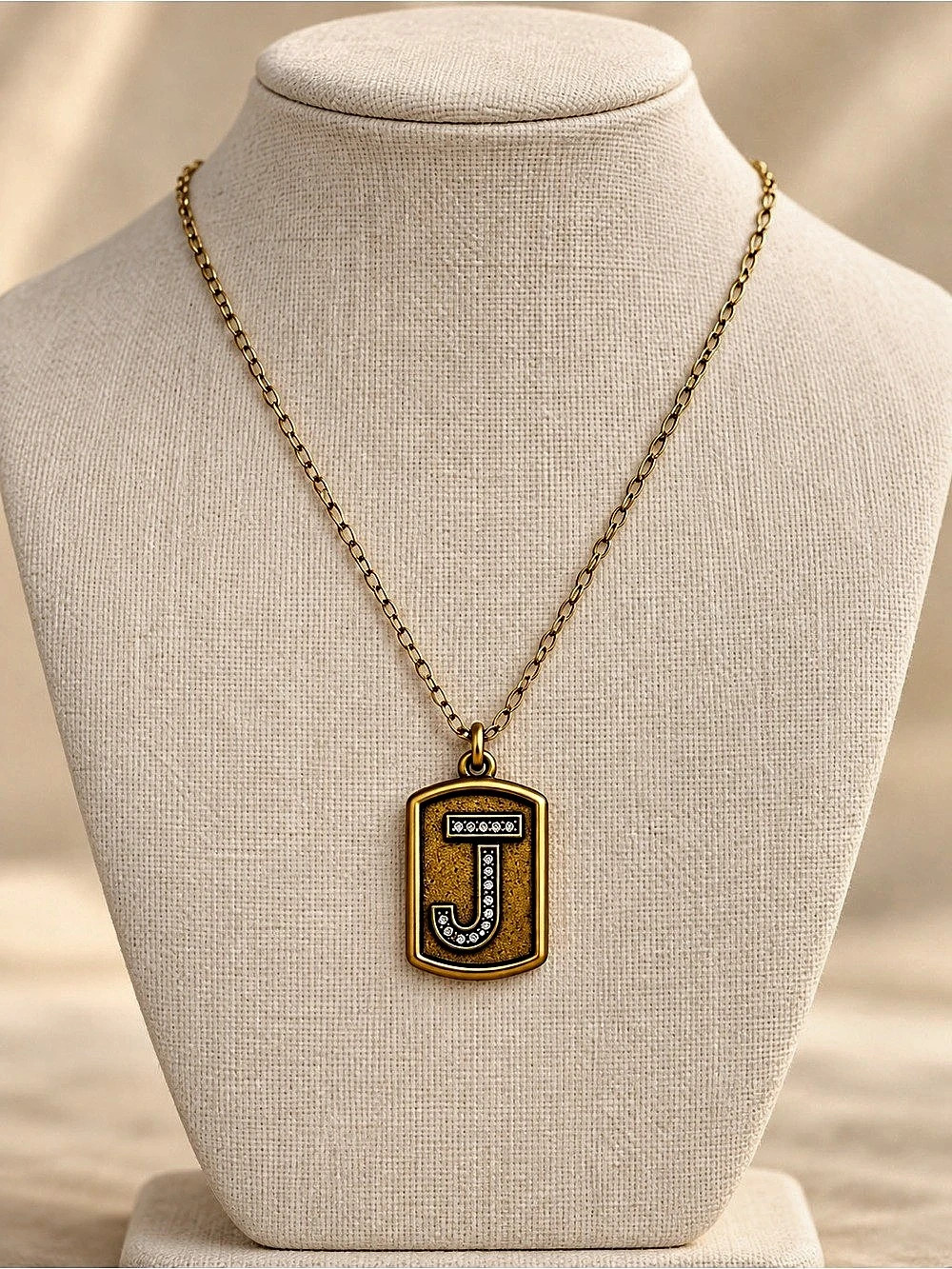 Gold Tone Rhinestone Initial J Dog Tag Pendant Necklace Pendant 301